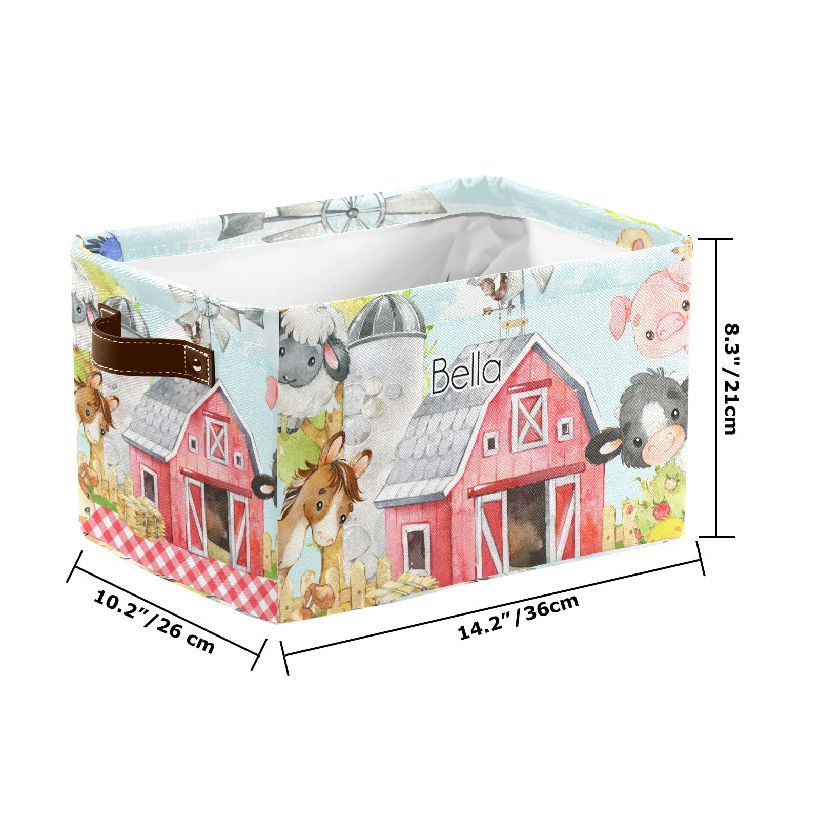 XOZOTY Personalized Lovely Farm Animal Canvas Storage Bins with Name Text Leather Handles for Office Bathroom Nursery Closet Shelf Basket?(2 Pack)