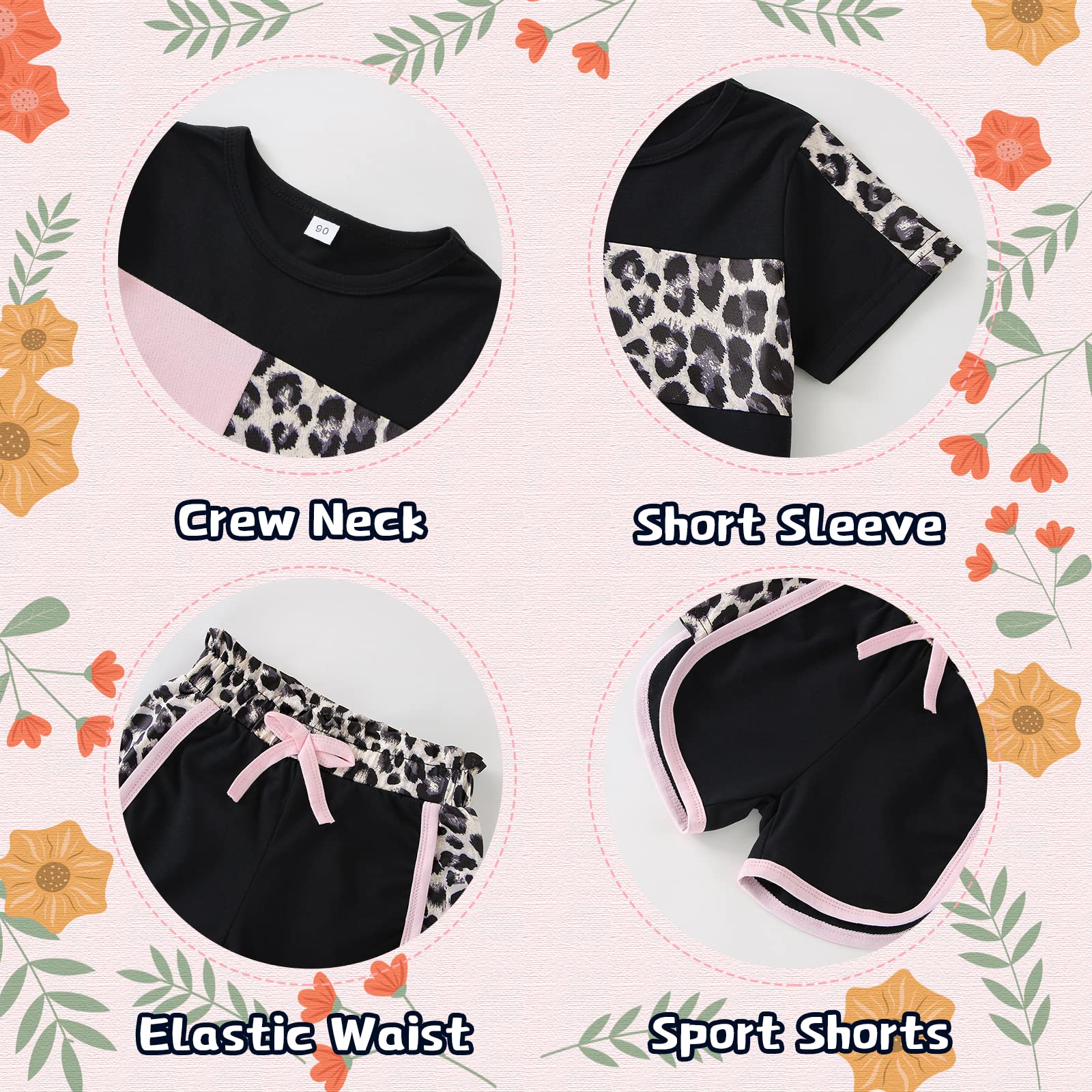 2 Years Old Girl Clothes Little Girls Summer Outfits For Girls Cute Baby Short Sleeve Leopard Tops T-shirt + Camo Shorts Sport Suits Tracksuit Girl Summer Outfits Set Black Leopard 2-3T 100cm