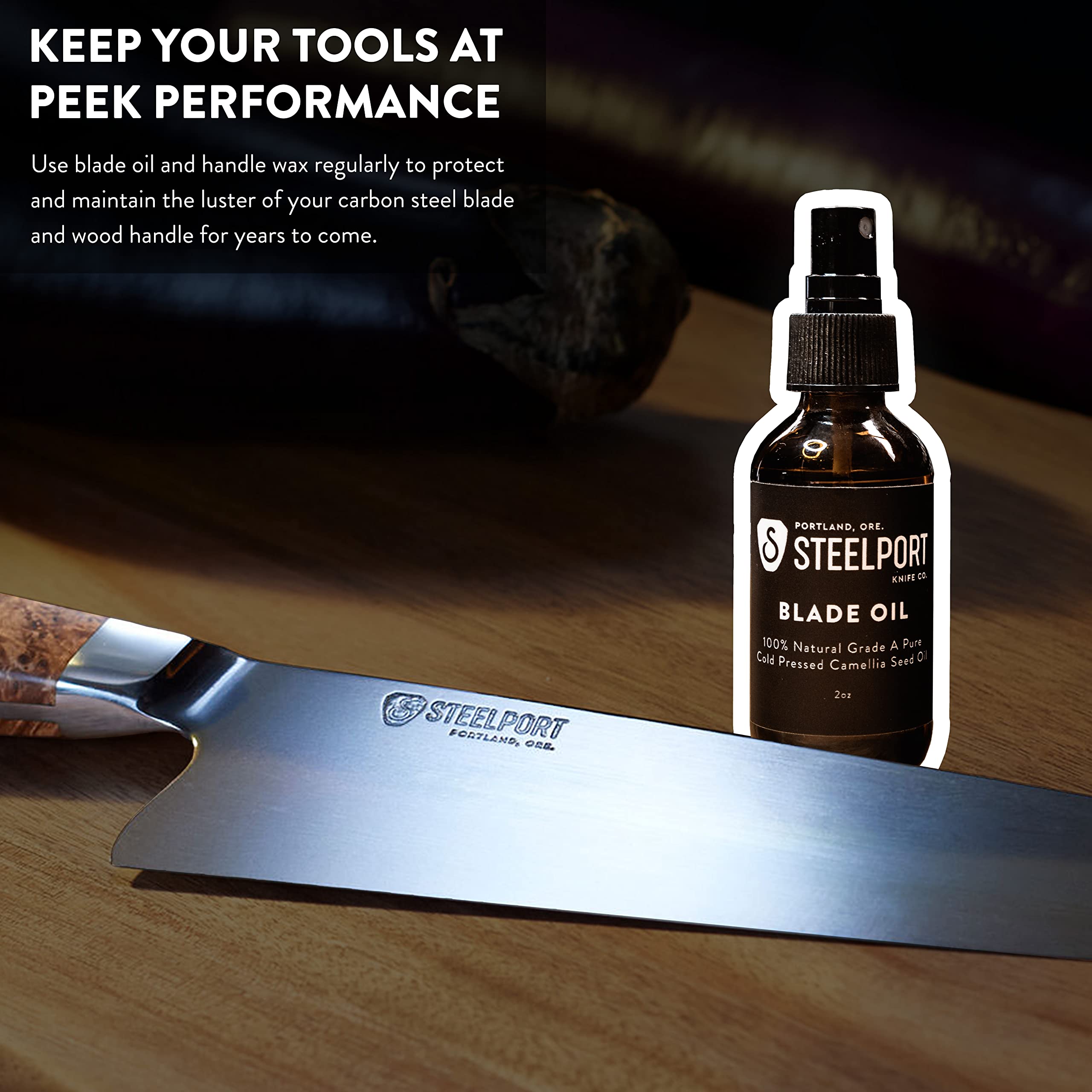 STEELPORT Carbon Steel Chef Knife Care Kit | Camellia Blade Oil & Handle Wax | Protect and Maintain the Luster of Carbon Steel Blades and Wood Handles | Food Safe for Culinary Kitchen Knives