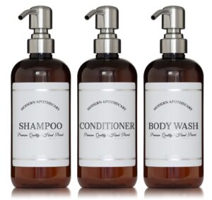 amber refillable shampoo and conditioner bottles - body wash, shampoo and conditioner dispenser - pet plastic shampoo bottles refillable with pump - waterproof labels - 16 oz, 3 pack (stainless steel)