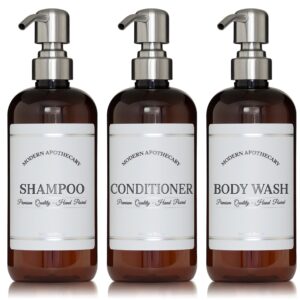 Amber Refillable Shampoo and Conditioner Bottles - Body Wash, Shampoo and Conditioner Dispenser - PET Plastic Shampoo Bottles Refillable with Pump - Waterproof Labels - 16 oz, 3 Pack (Stainless Steel)