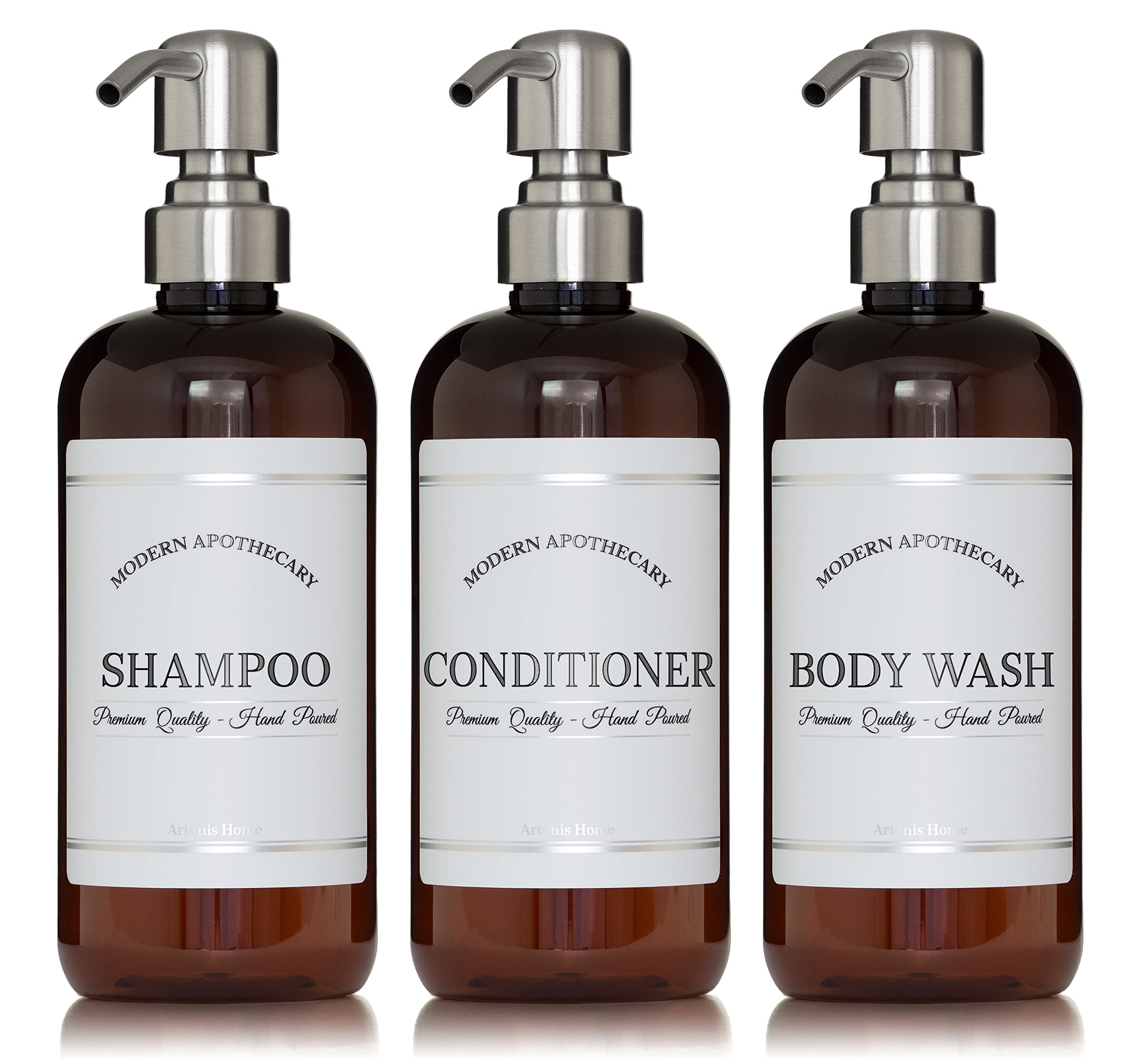 Amber Refillable Shampoo and Conditioner Bottles - Body Wash, Shampoo and Conditioner Dispenser - PET Plastic Shampoo Bottles Refillable with Pump - Waterproof Labels - 16 oz, 3 Pack (Stainless Steel)