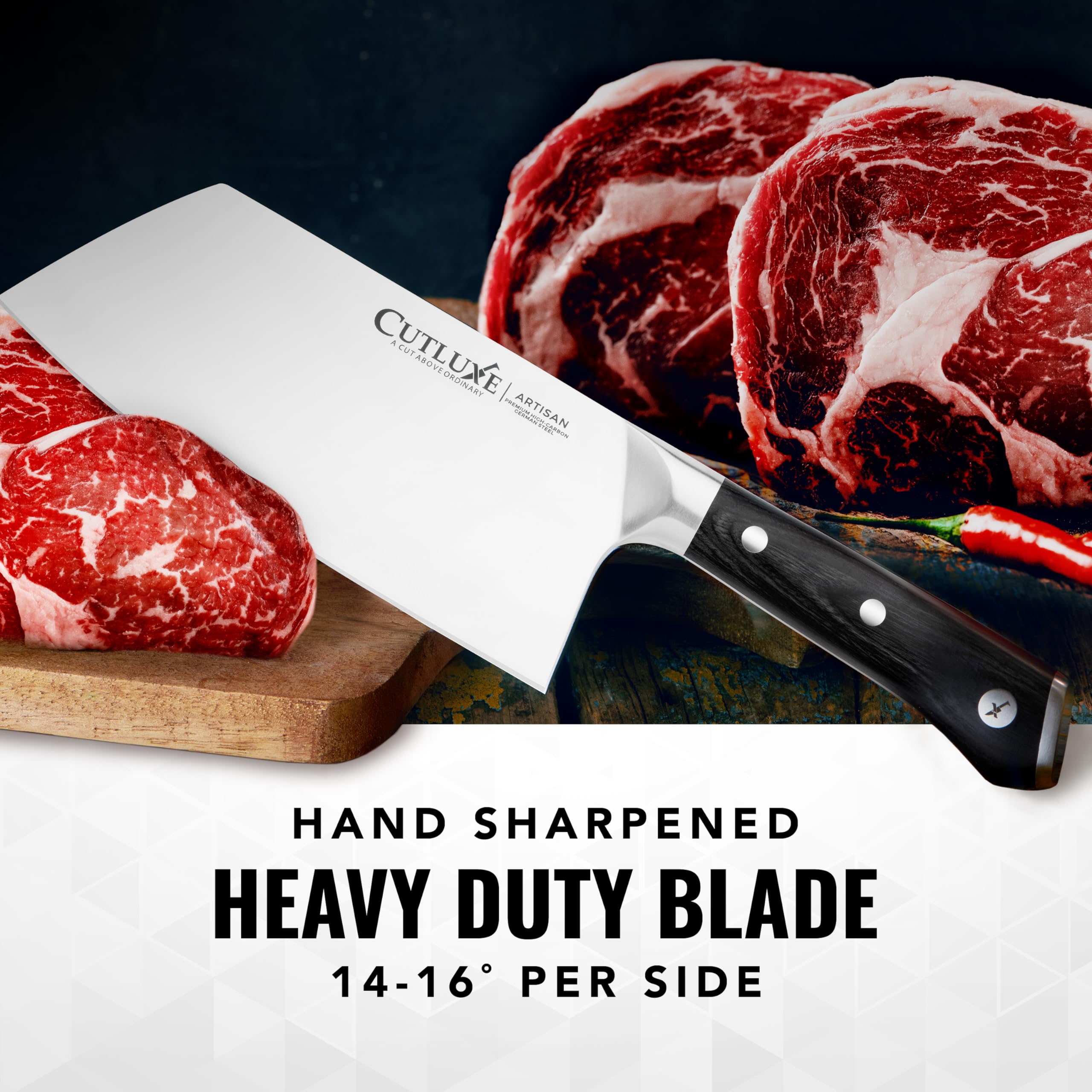 Cutluxe Meat Cleaver Knife - 7" Heavy Cleaver Butcher Knife, Razor Sharp German Steel Blade, Full Tang, Ergonomic Handle Design – Artisan Series