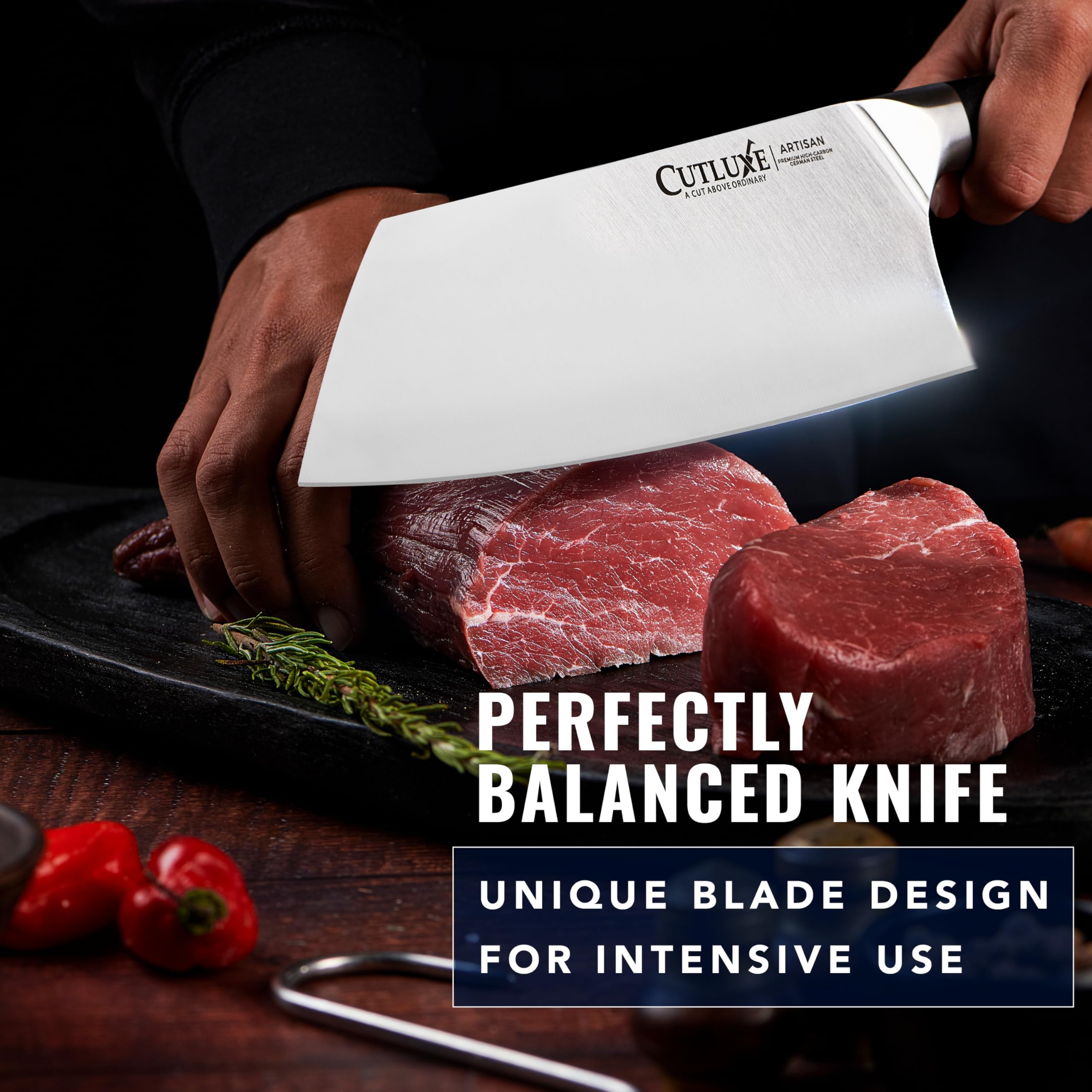 Cutluxe Meat Cleaver Knife - 7" Heavy Cleaver Butcher Knife, Razor Sharp German Steel Blade, Full Tang, Ergonomic Handle Design – Artisan Series