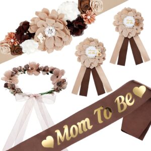 5 pcs maternity sash kit mom to be daddy to be corsage pins flower crown belly belt pregnancy sash for bear theme baby shower decorations pregnancy parents props keepsake gifts party favors (brown)