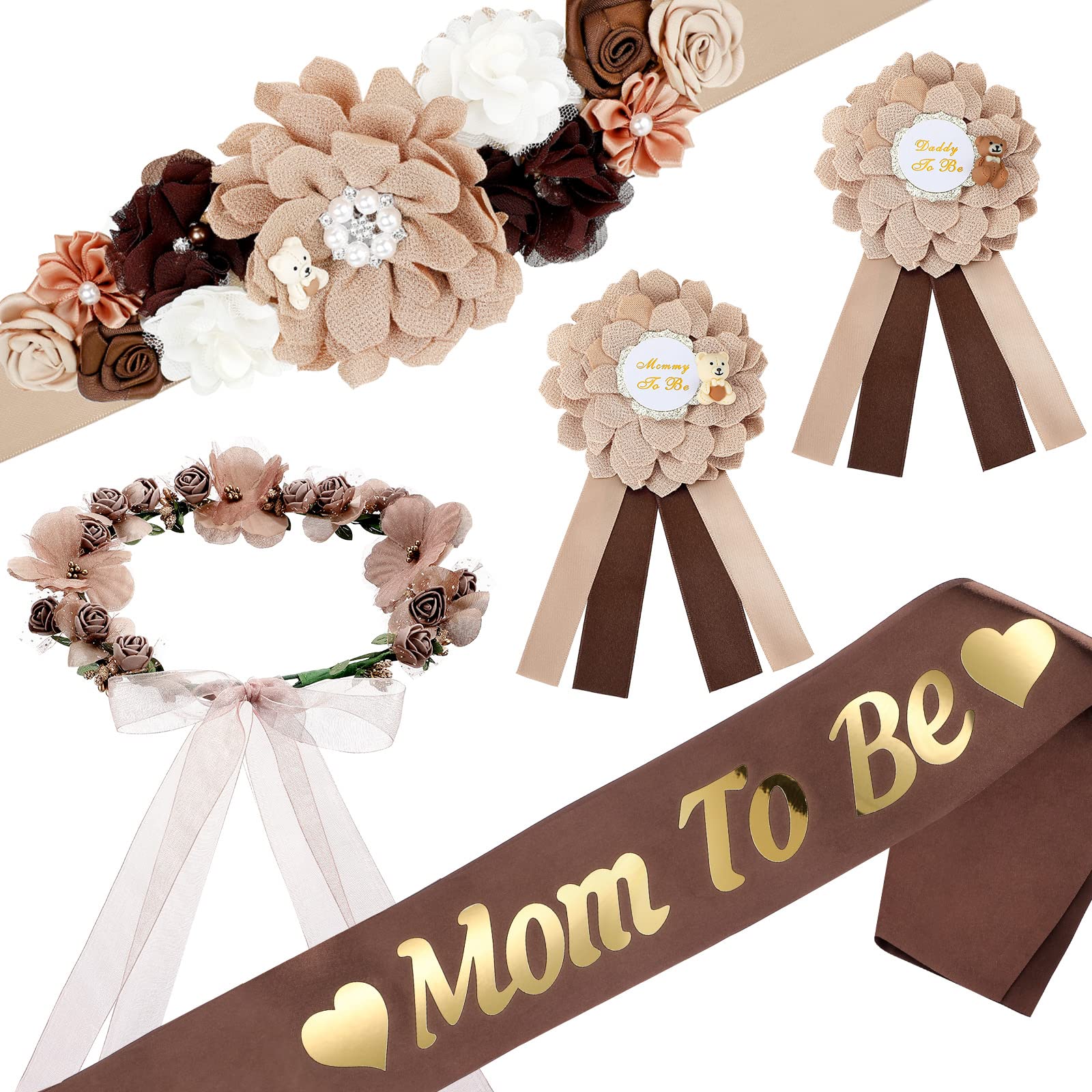 5 Pcs Maternity Sash Kit Mom to Be Daddy to Be Corsage Pins Flower Crown Belly Belt Pregnancy Sash for Bear Theme Baby Shower Decorations Pregnancy Parents Props Keepsake Gifts Party Favors (Brown)