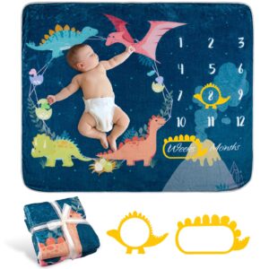 whaline baby monthly milestone blanket dinosaur theme newborn photography photo prop blanket flannel nap mat backdrop with 2 frames cartoon baby growth photo blanket for girl boy shower gift, 50 x 40