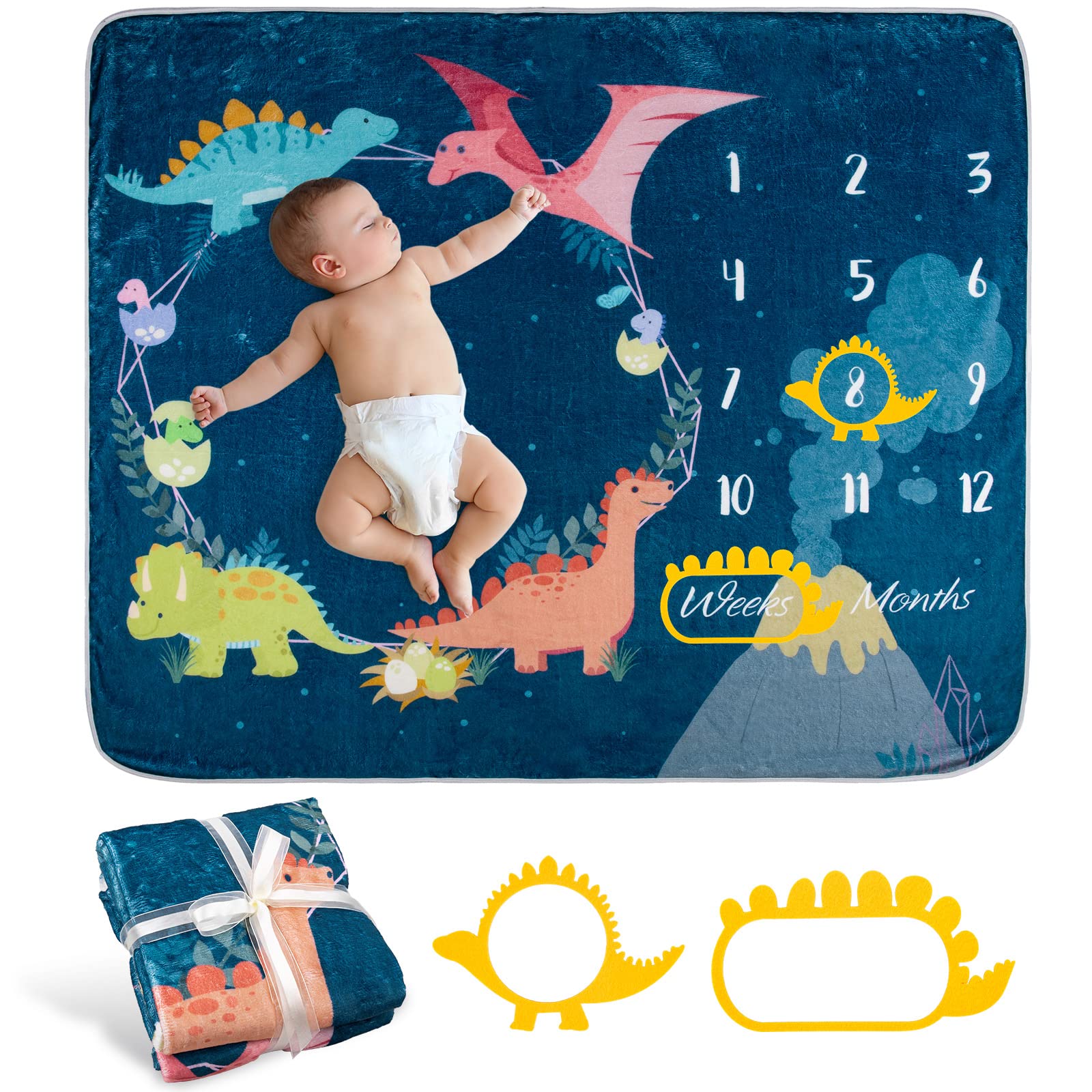 Whaline Baby Monthly Milestone Blanket Dinosaur Theme Newborn Photography Photo Prop Blanket Flannel Nap Mat Backdrop with 2 Frames Cartoon Baby Growth Photo Blanket for Girl Boy Shower Gift, 50 x 40