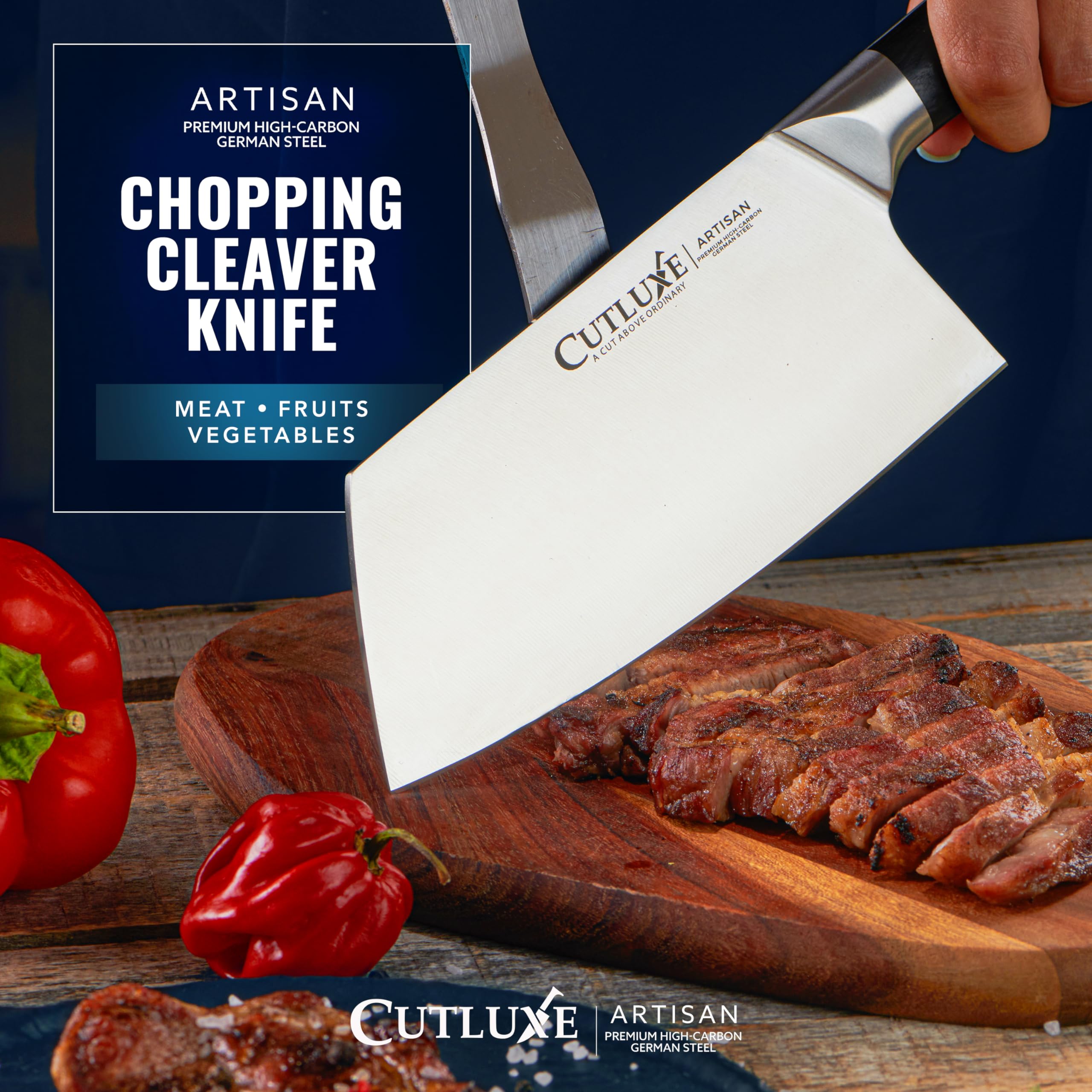 Cutluxe Meat Cleaver Knife - 7" Heavy Cleaver Butcher Knife, Razor Sharp German Steel Blade, Full Tang, Ergonomic Handle Design – Artisan Series