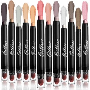 oillase 12 pcs eyeshadow stick sets with smudge proof eyeshadow primer base, glitter, shimmer and matte eyeshadow pen/pencil crayon with soft brush, cream eye shadow stick makeup,