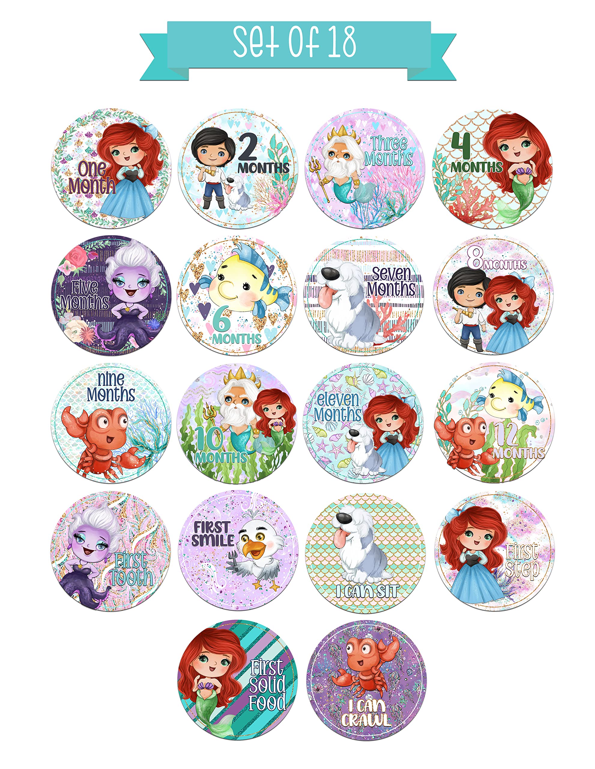 Princess Character Themed Baby Milestone Stickers for First Year Month to Month Photo Prop Infant Onesie Growth Chart Shower Registry Gift Scrapbook Photo Keepsake Monthly Set (Mermaid)