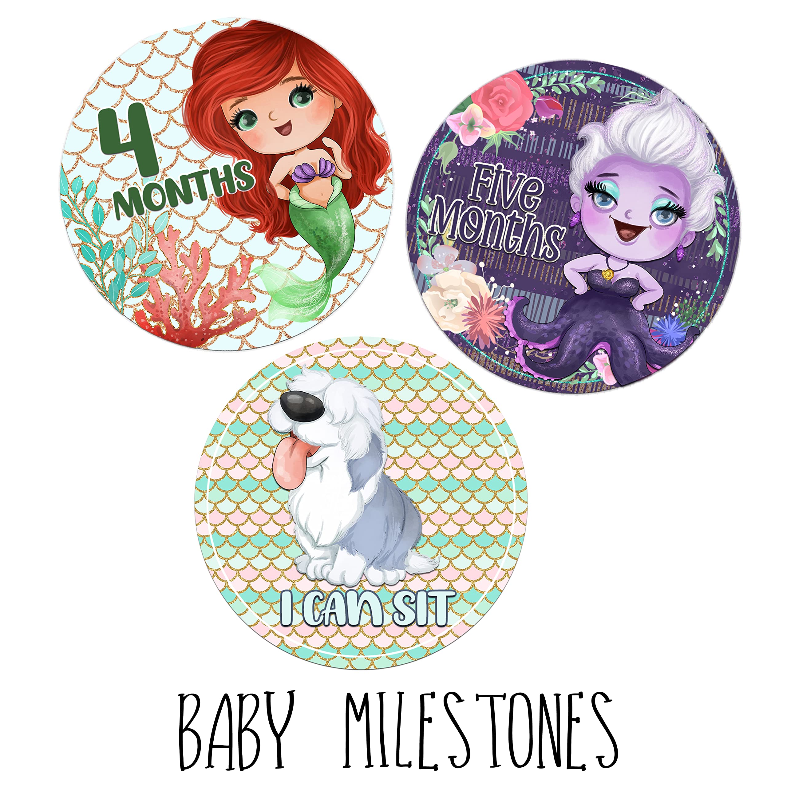 Princess Character Themed Baby Milestone Stickers for First Year Month to Month Photo Prop Infant Onesie Growth Chart Shower Registry Gift Scrapbook Photo Keepsake Monthly Set (Mermaid)