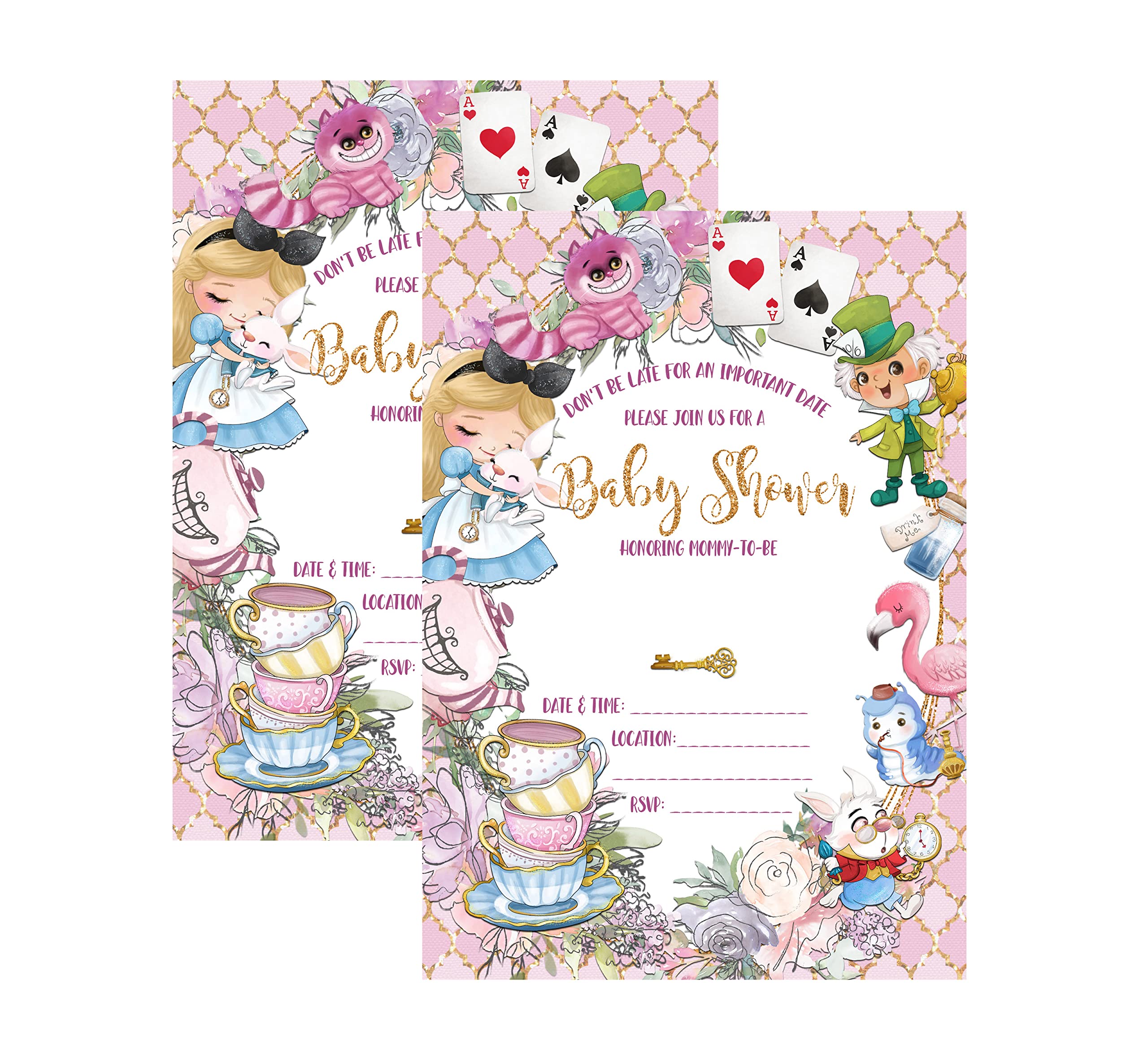 Alice Baby Shower Wonderland Important Date Party Supply Decoration (Invitation) Set of 12 with Envelopes Invite - Darling Cartoon Character Themed