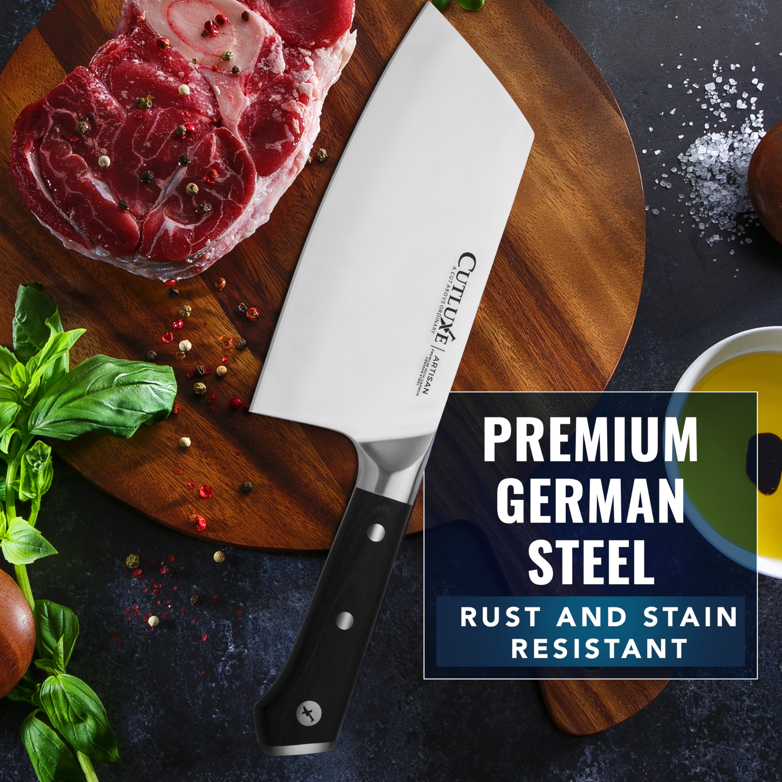 Cutluxe Meat Cleaver Knife - 7" Heavy Cleaver Butcher Knife, Razor Sharp German Steel Blade, Full Tang, Ergonomic Handle Design – Artisan Series