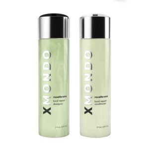 xmondo hair recalibrate bond repair shampoo & conditioner bundle - vegan formula with maracuja oil, hyaluronic acid, & bond building technology to restore & reseal dry damaged hair, 8 fl oz, 2pc set