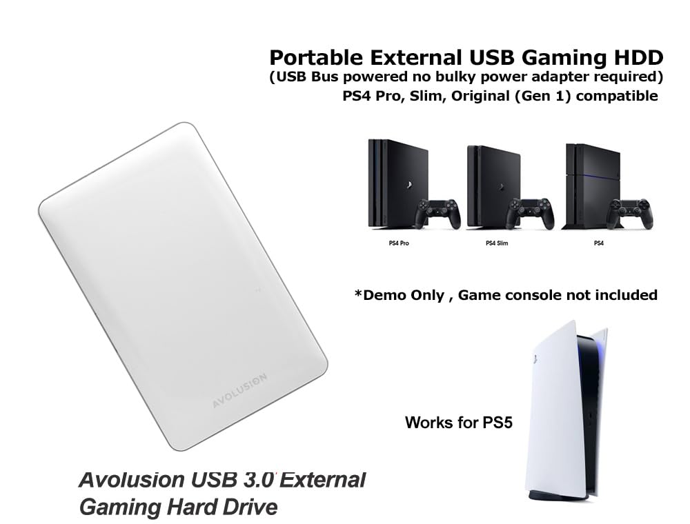 Avolusion T1 Series 1TB USB 3.0 Portable External Gaming Hard Drive - White (for PS4 / PS5 Pre-Formatted) - 2 Year Warranty (Renewed)