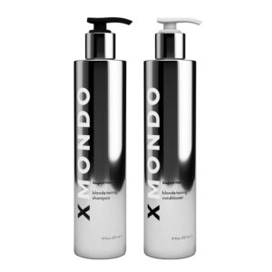 xmondo hair supernova blonde toning shampoo & conditioner bundle | vegan formula with vegetable proteins, jojoba oil, and violet pigments to reduce yellow tones in blonde hair, 8 fl oz, 2pc set