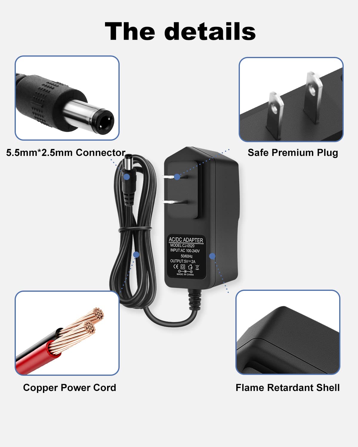 5V 2A DC Power Supply Adapter 5 Volt Universal AC Adapter 100-240V 50-60Hz AC to DC 5V 2A Power Adapter, 5V DC Power Supply 2A Transformer with 5.5mm x 2.5mm DC Outlet Plug