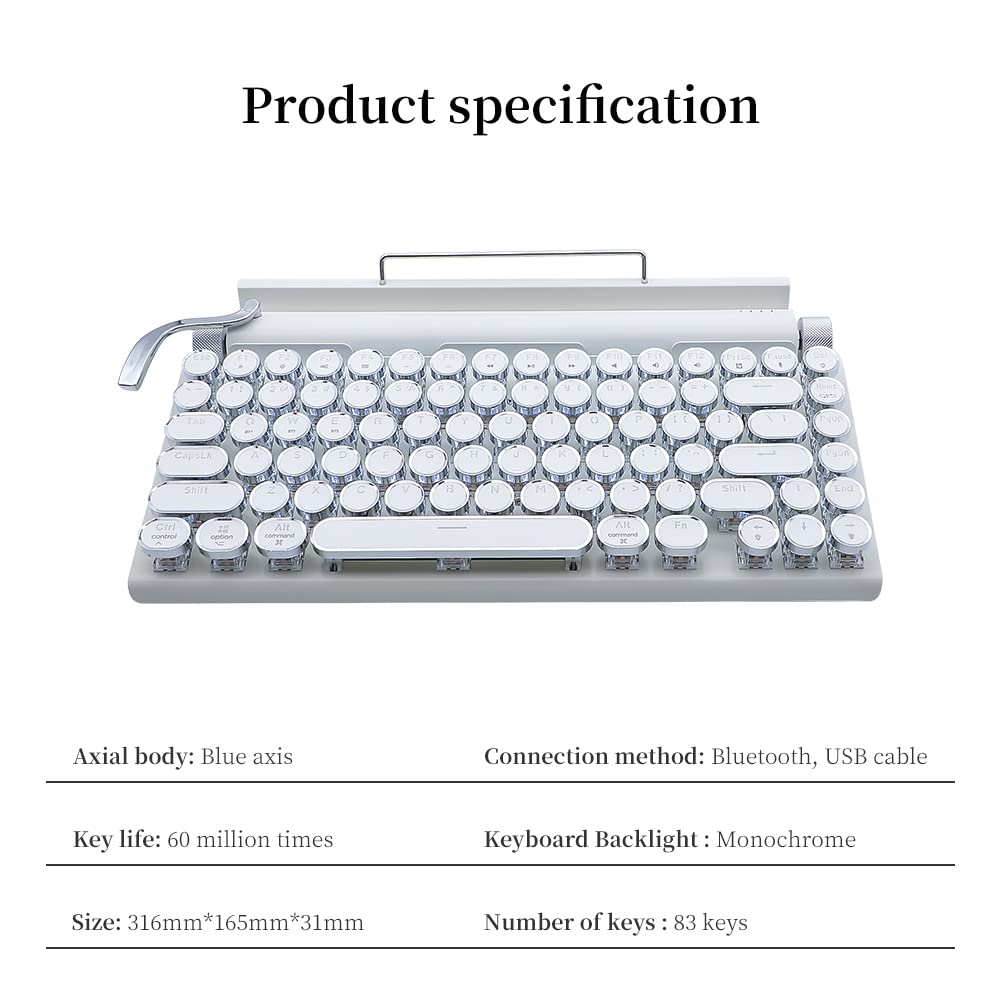 GUAZI STORE 83-Key Mechanical Keyboard dot Retro Typewriter Mechanical Keyboard Wireless Bluetooth Keyboard, Keyboard Gaming Mechanical,Anti-ghosting Blue Switch Mechanical Keyboard (White)