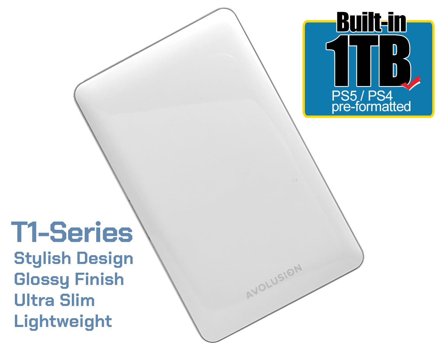 Avolusion T1 Series 1TB USB 3.0 Portable External Gaming Hard Drive - White (for PS4 / PS5 Pre-Formatted) - 2 Year Warranty (Renewed)