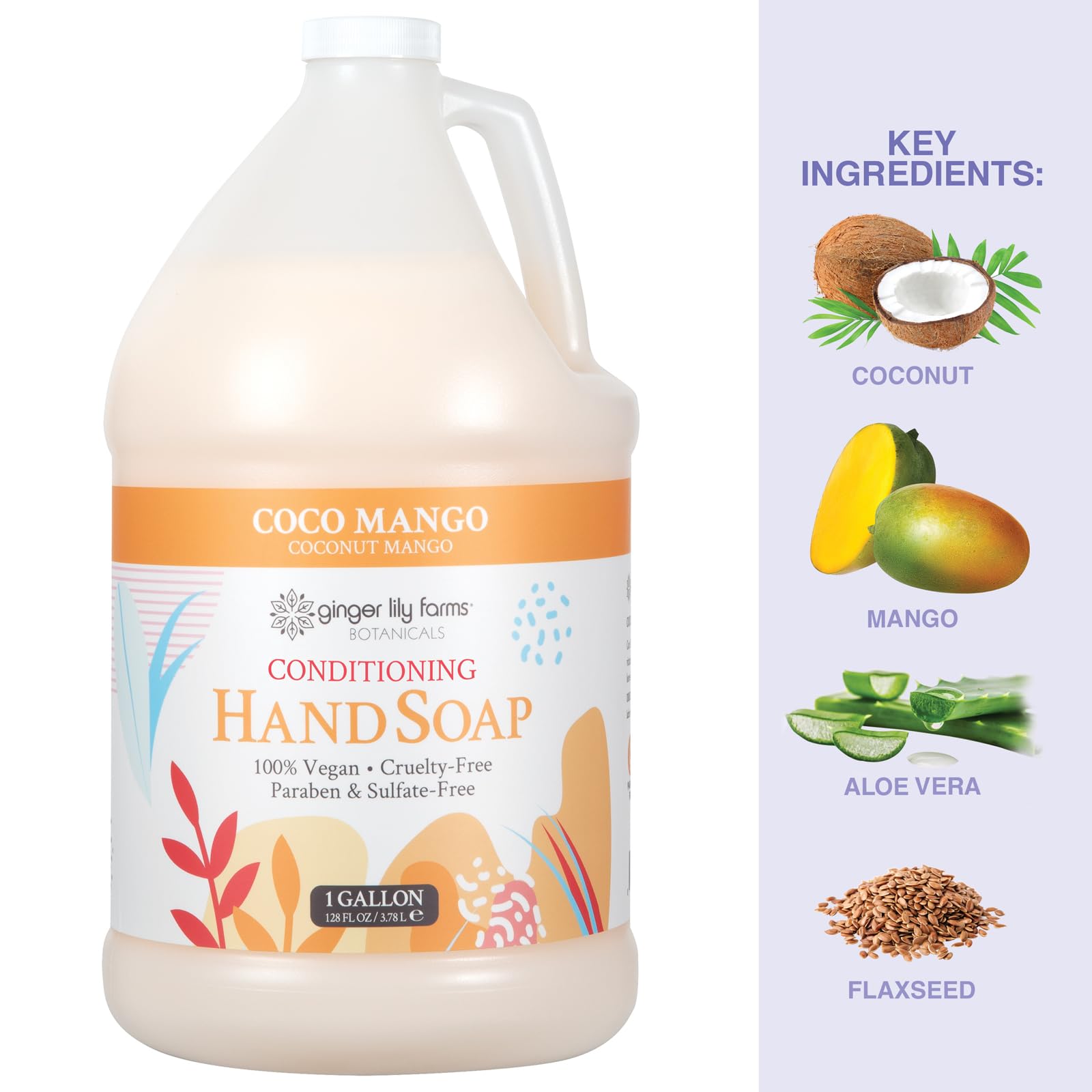 Ginger Lily Farms Botanicals All-Purpose Liquid Hand Soap Refill, Coco Mango, 100% Vegan & Cruelty-Free, Coconut Mango Scent, 1 Gallon (128 fl oz)