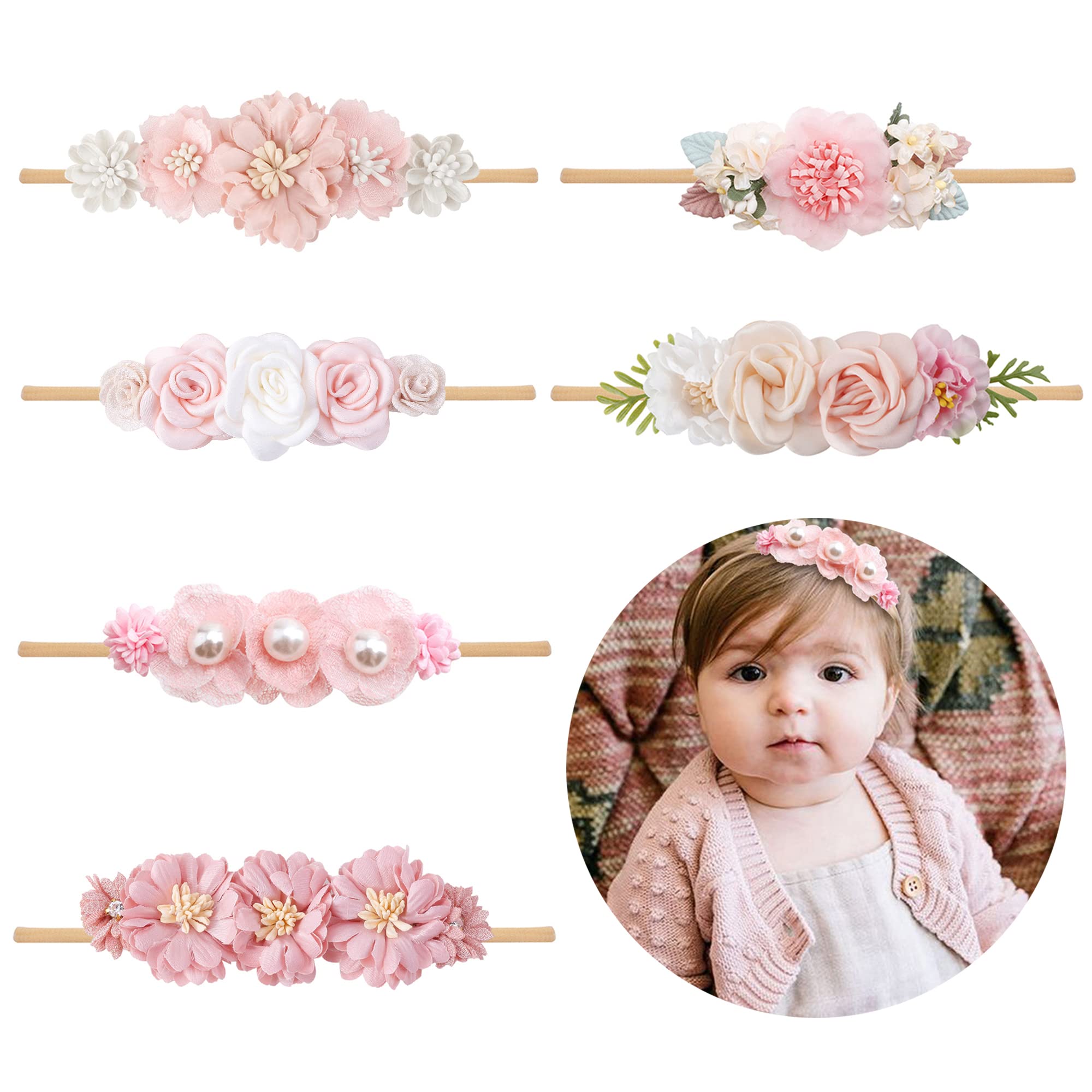 NUWAJP Baby Girl Flower Headband 6 PCS Elastic Hairbands Handmade Nylon Bows Headbands Chic Floral Hair Accessories Kids Gifts for Newborn Infant Toddlers