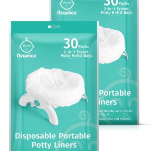 Newnice 60 Packs Disposable Potty Liners with 7oz / 200ml Absorbent Pads, Travel Potty Refill Bags Compatible with OXO Tot 2-in-1 Go Potty, Universal Potty Liners Fit Potty Chairs for Kids,Toddlers