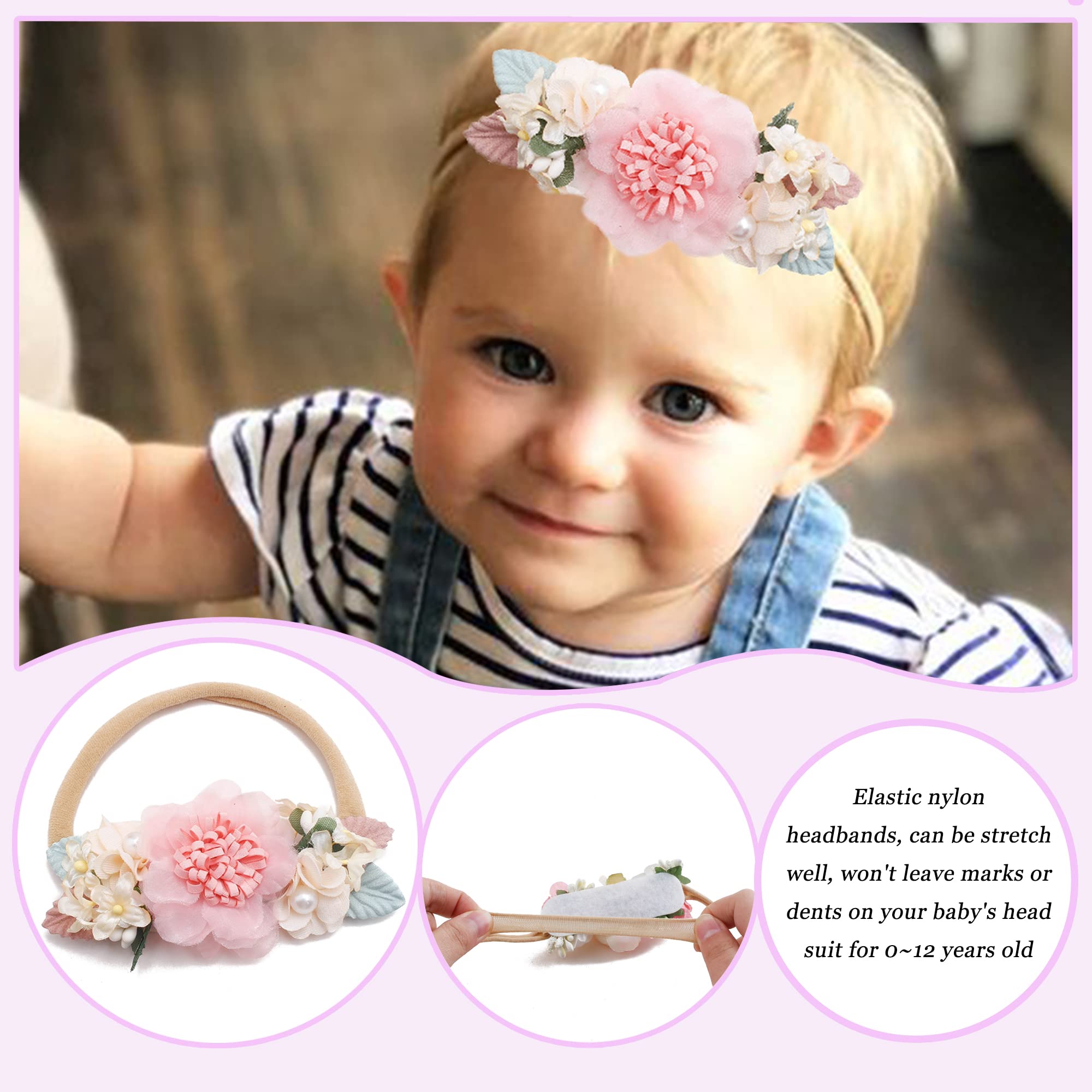 NUWAJP Baby Girl Flower Headband 6 PCS Elastic Hairbands Handmade Nylon Bows Headbands Chic Floral Hair Accessories Kids Gifts for Newborn Infant Toddlers