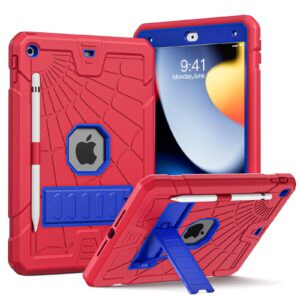 sibeitu ipad 9th generation case with stand & pencil holder, kids protective ipad 10.2 inch cover 7th 8th 9th gen 2019 2020 2021, blue & red spider web cool design for boys girls anime lovers.