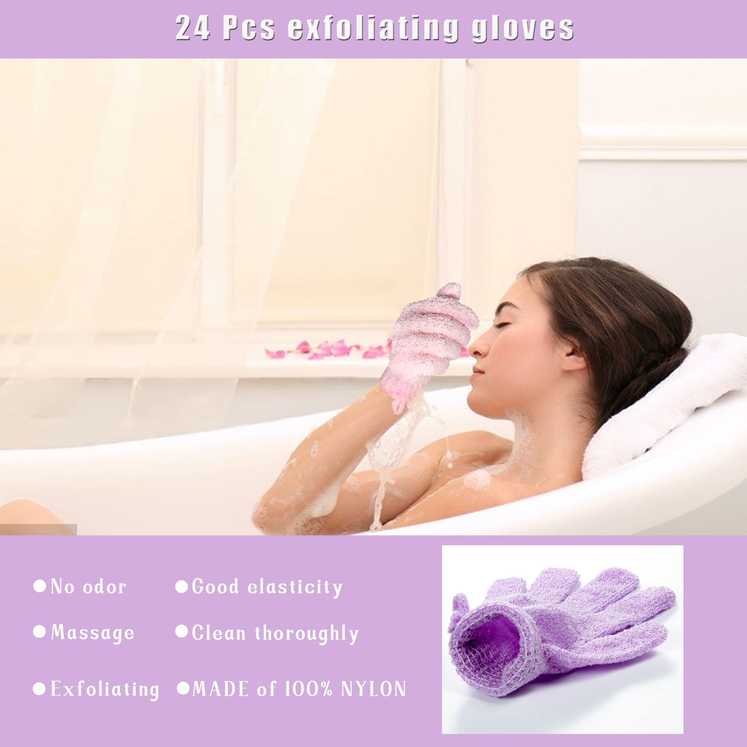 Shower Gloves,24 Pcs Exfoliating Bath Gloves,Body Scrub Gloves with Hanging Loop for Beauty Spa Massage Skin Shower Body Scrubber-12 Colors