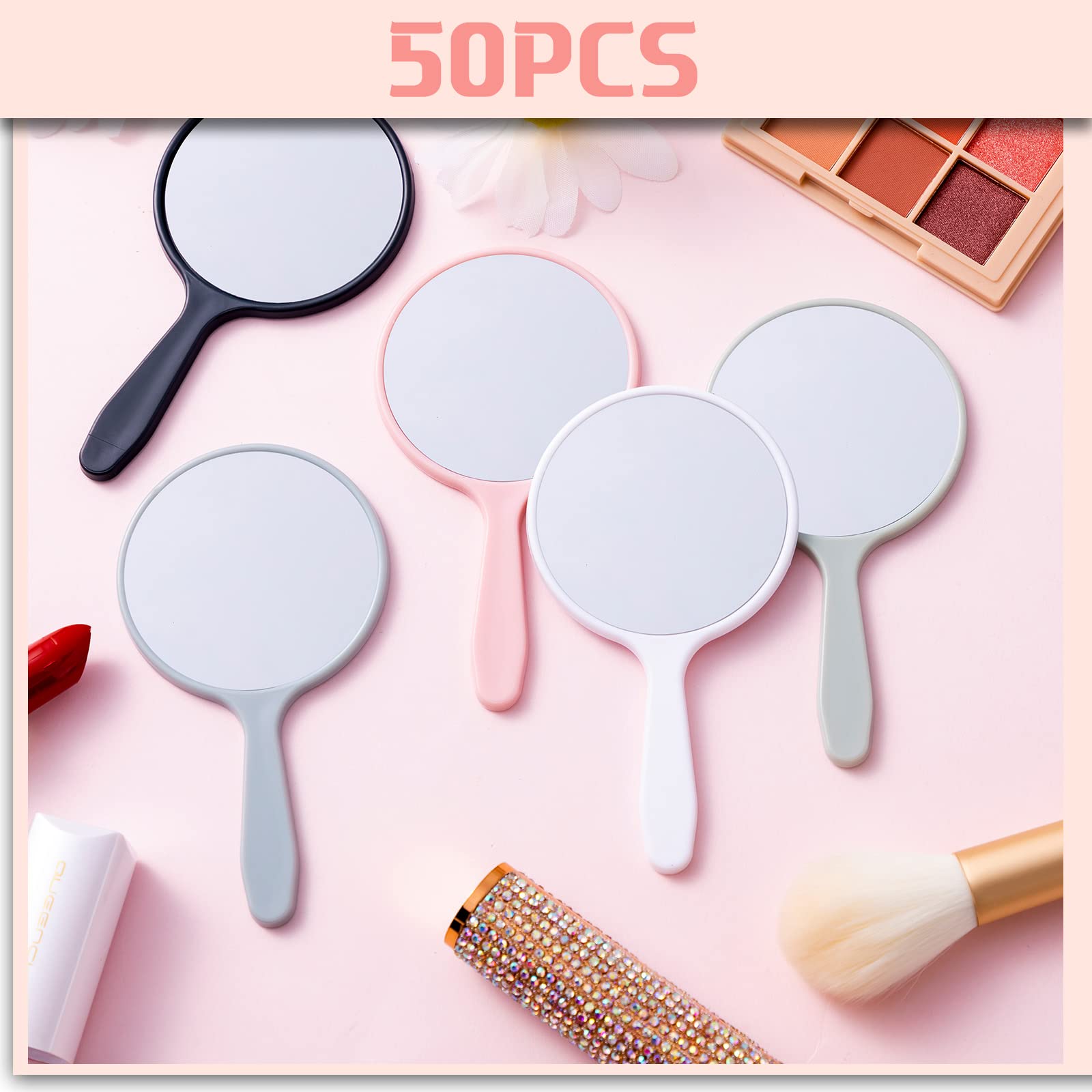 50 Pieces Handheld Mirror Small Hand Mirror with Handle Plastic Travel Makeup Cosmetic Handheld Mirrors Compact Portable Vanity Mirror 3.94 x 2.16 Inch for Women Men Girls Kids Daily DIY Use