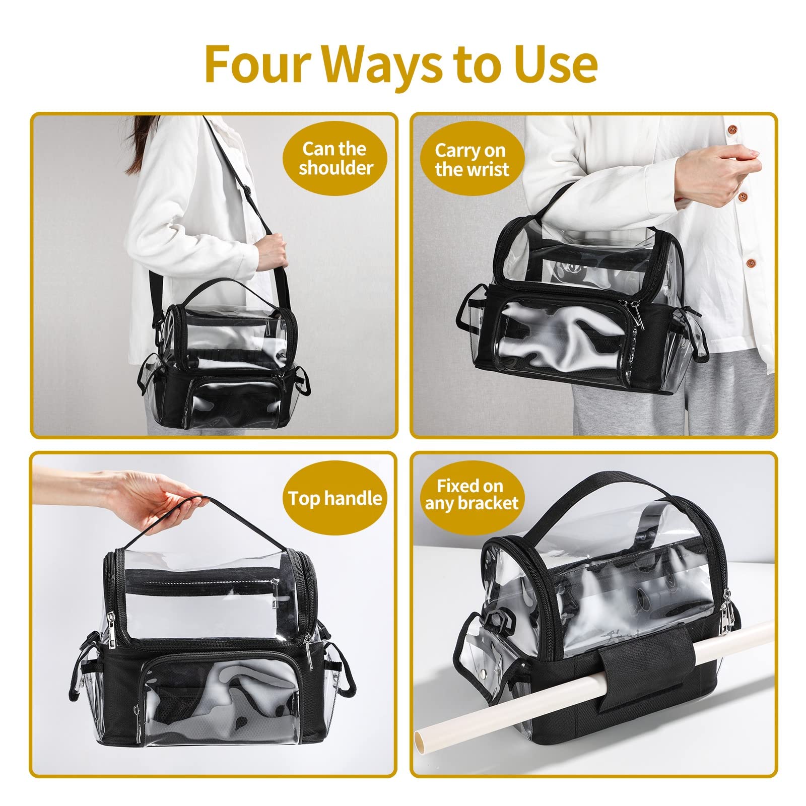 BS-MALL Makeup Bag, Transparent PVC Clear Travel Makeup Brush Holder, Tool Organizer Case with Shoulder Strap (Black)