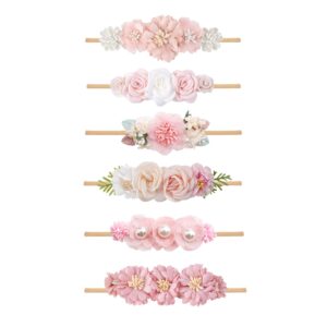 NUWAJP Baby Girl Flower Headband 6 PCS Elastic Hairbands Handmade Nylon Bows Headbands Chic Floral Hair Accessories Kids Gifts for Newborn Infant Toddlers