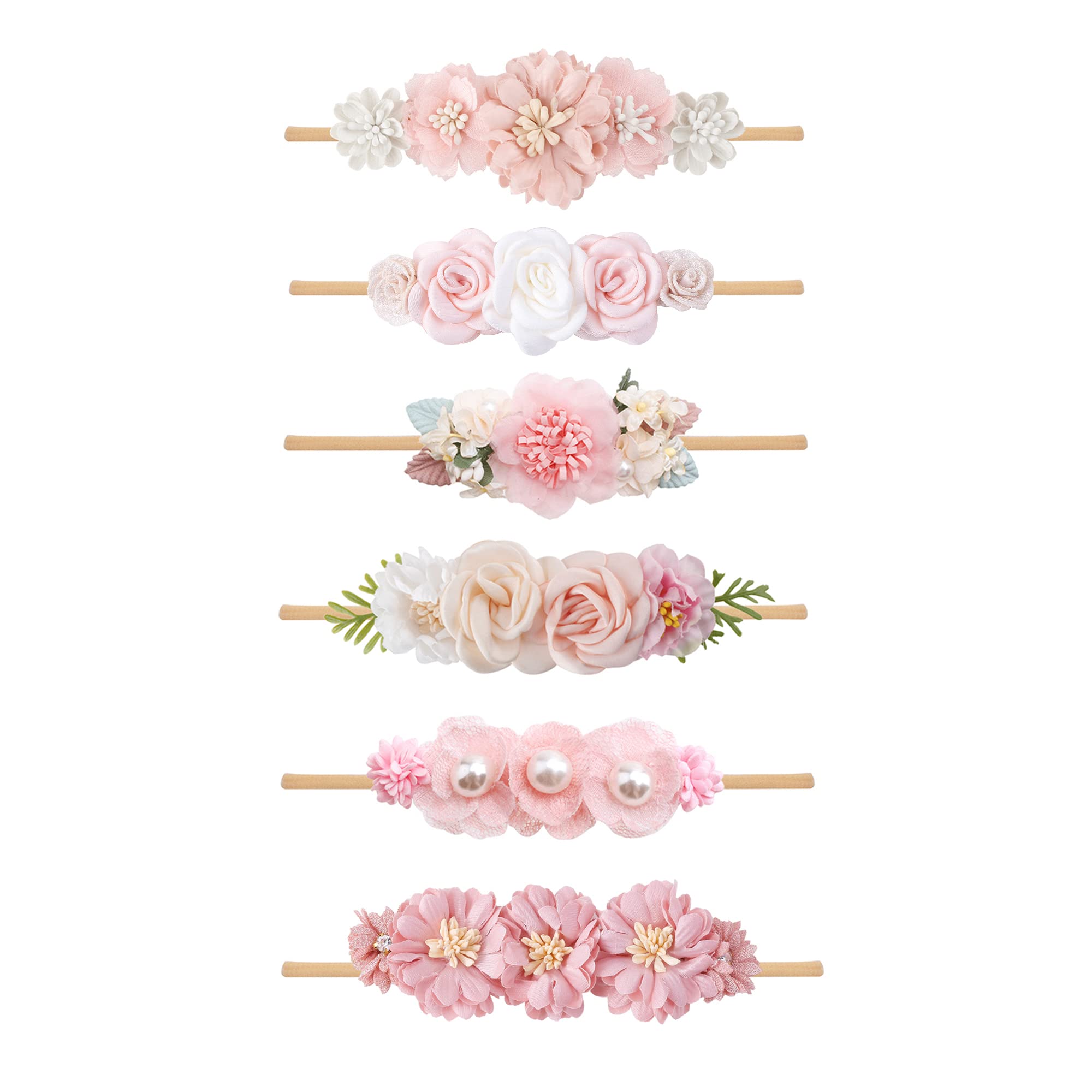 NUWAJP Baby Girl Flower Headband 6 PCS Elastic Hairbands Handmade Nylon Bows Headbands Chic Floral Hair Accessories Kids Gifts for Newborn Infant Toddlers