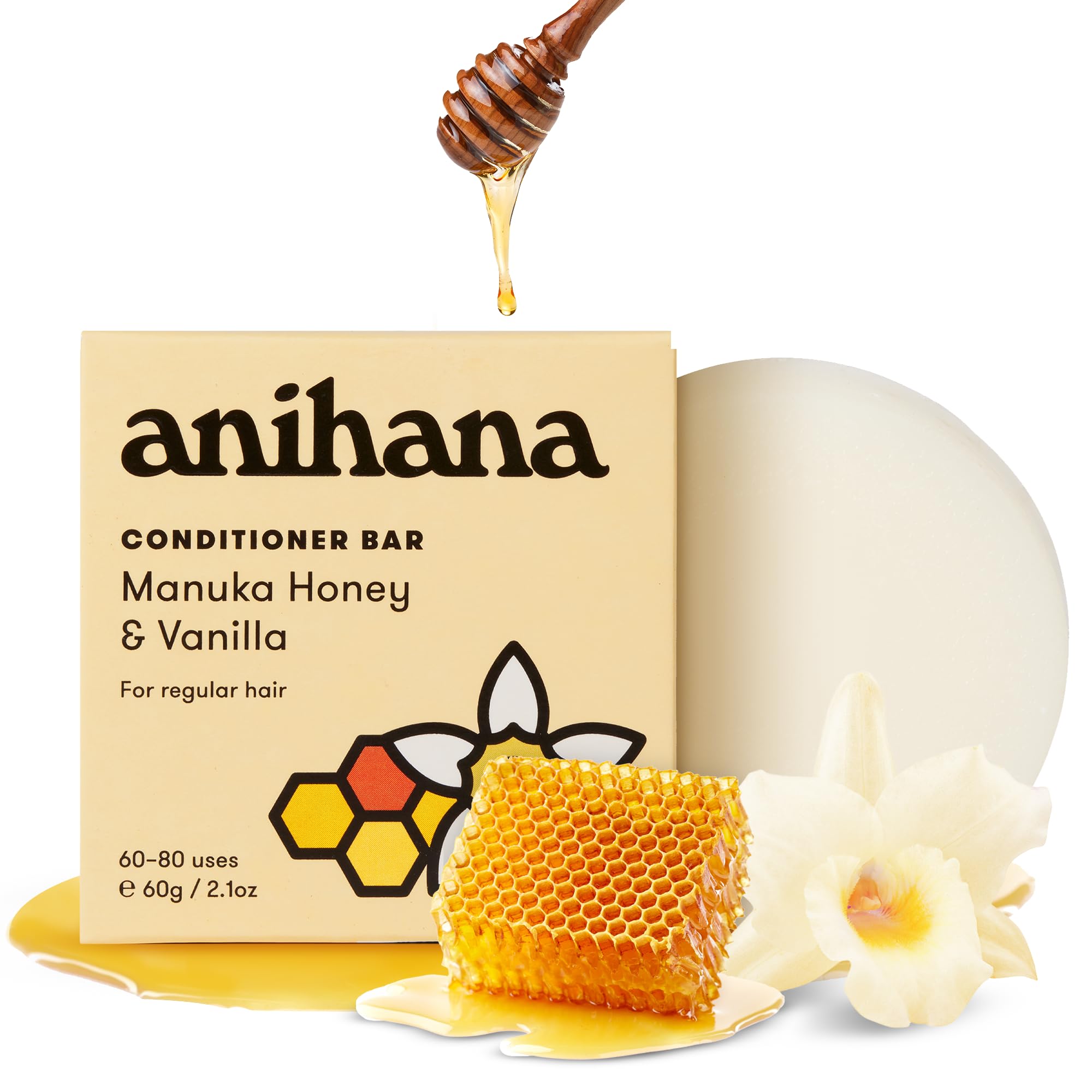 ANIHANA Conditioner Bar for Regular Normal Hair Clean Purifying Natural Healthy Look and Shine Paraben Free Manuka Honey and Almond 2.1 oz