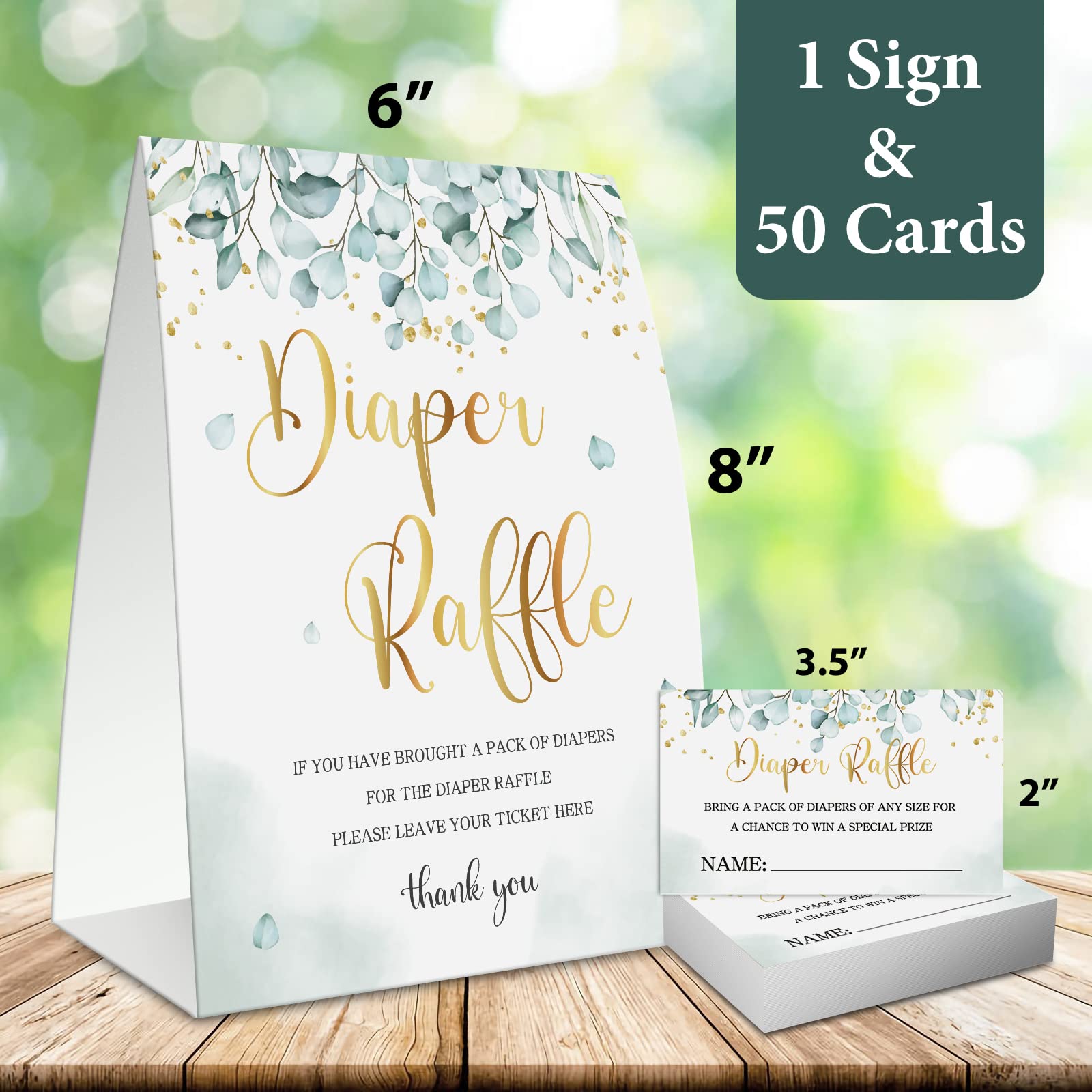 WideIdeal 51Pcs Diaper Raffle Game Sign and Cards, Baby Shower Eucalyptus Diaper Raffle Ticket Party Decorations Game Kit (1 Sign + 50 Cards) WI02