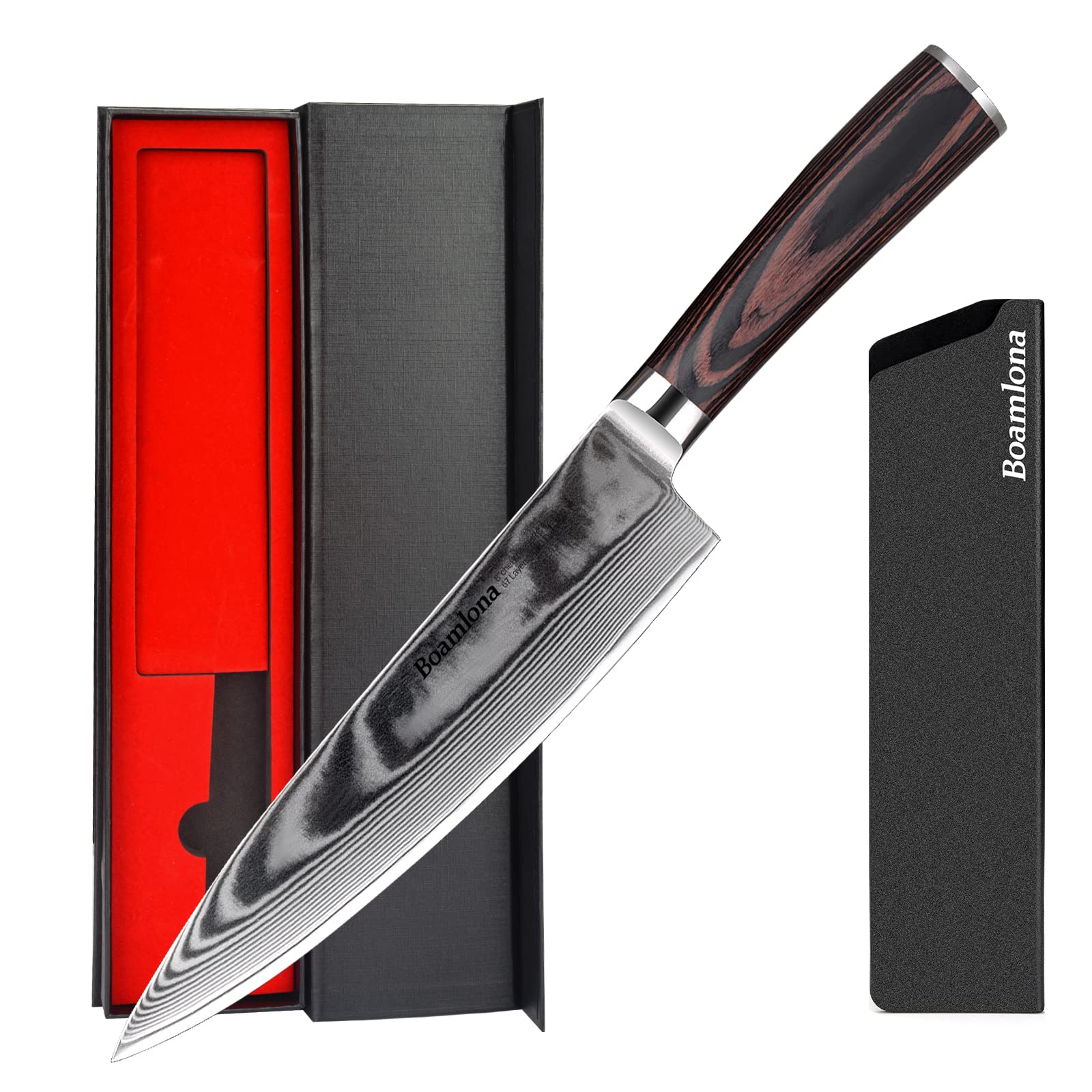 BOAMLONA 8 inch Chef Knife, Damascus Japanese Chef Knife with Japanese VG10 Steel Core, Pakkawood Handle, Ultra Sharp Professional Kitchen Knife with Sheath and Gift Box