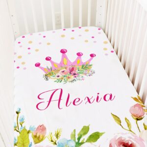 Munific Personalized Girl Crown Baby Crib Sheet with Name, Custom Crib Mattress Sheets for Baby Girls, Fitted Crib Bedding Sheets, Pack and Play Sheets, Mini Crib Sheet | Name Crib Sheets