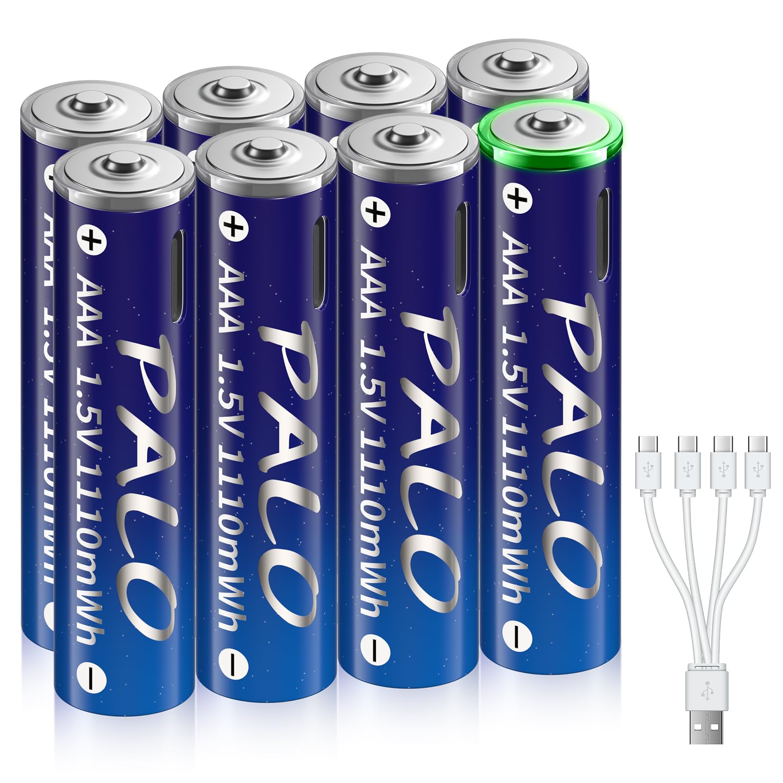 LJG8 8 Pack Rechargeable AAA USB Batteries 1.5V Type C Charging Triple A Lithium Battery with 4 in 1 Charging Cable (Battery Storage Case Included)