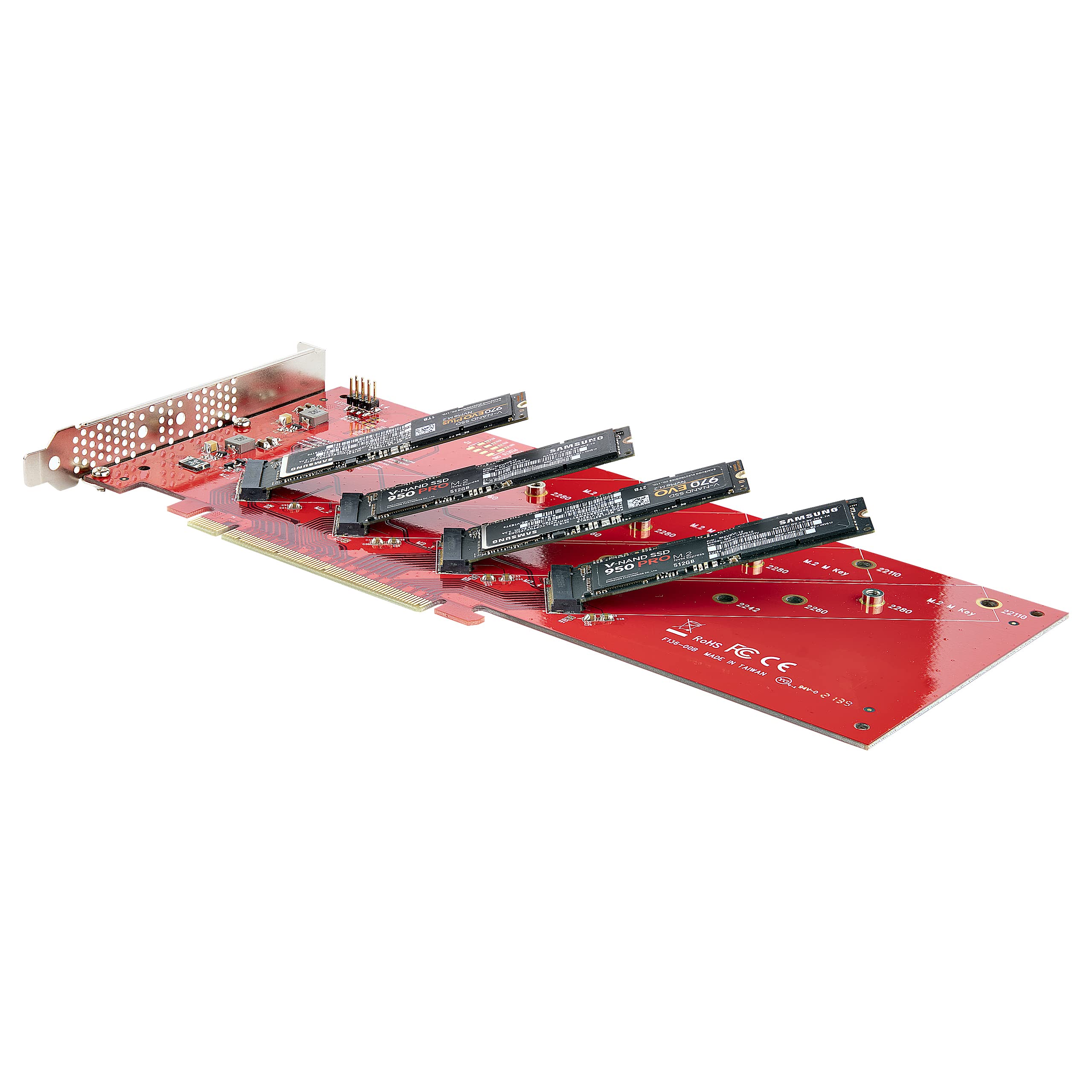 StarTech.com Quad M.2 PCIe Adapter Card, PCIe x16 to Quad NVMe or AHCI M.2 SSDs, PCI Express 4.0, 7.8GBps/Drive, Bifurcation Required, Windows/Linux Compatible (QUAD-M2-PCIE-CARD-B)