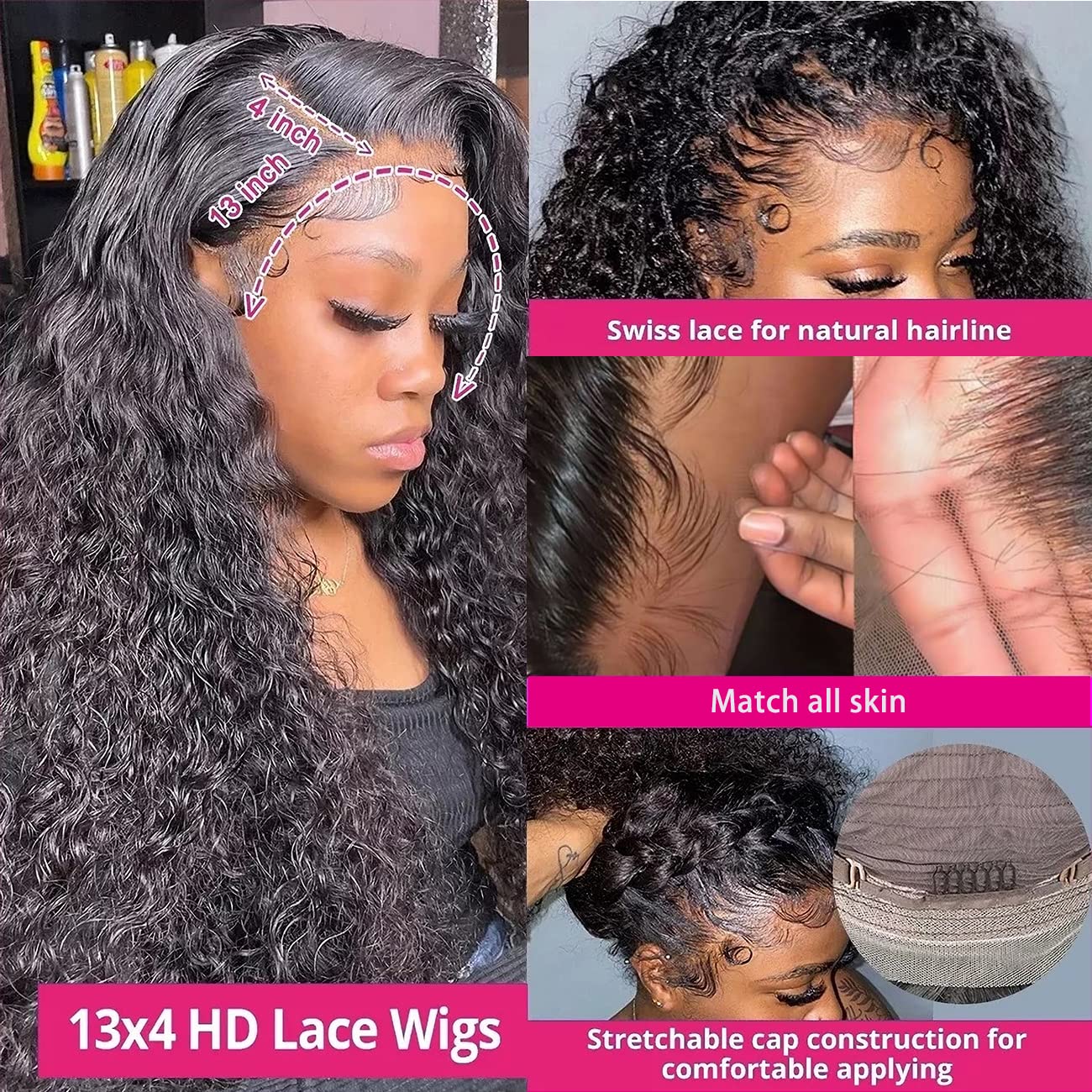 Water Wave Lace Front Wigs Human Hair Pre Plucked Baby Hair HD Transparent Wet and Wavy Lace Wigs 180% Density Brazilian Glueless 13x4 Water Wave Lace Frontal Wig Natural Hairline Natural Black 20Inch