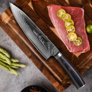 BOAMLONA 8 inch Chef Knife, Damascus Japanese Chef Knife with Japanese VG10 Steel Core, Pakkawood Handle, Ultra Sharp Professional Kitchen Knife with Sheath and Gift Box