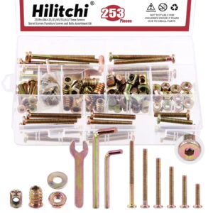 hilitchi 253pcs m6(25-75mm) zinc plated crib screws hardware assortment kit, hex drive socket cap furniture barrel screws bolt nuts with a hex wrench for furniture beds crib