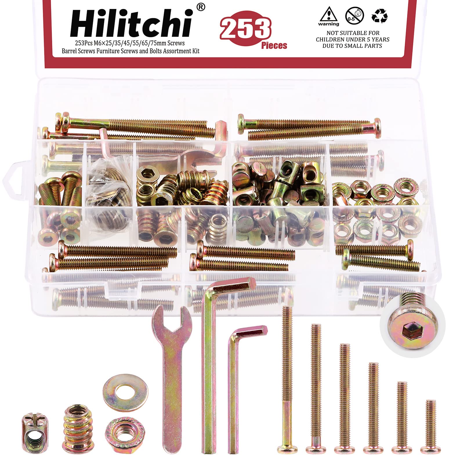 Hilitchi 253PCS M6(25-75mm) Zinc Plated Crib Screws Hardware Assortment Kit, Hex Drive Socket Cap Furniture Barrel Screws Bolt Nuts with A Hex Wrench for Furniture Beds Crib