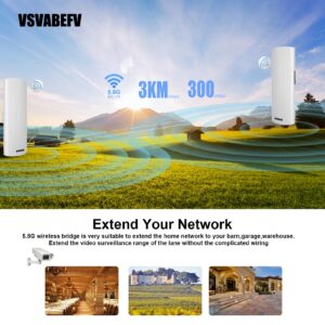 Point to Point Wireless Bridge Router，VSVABEFV 3KM Outdoor Long Range WiFi Bridge 5.8G 300Mbps Wireless Access Point Preset Wireless CPE kit 14dBi WiFi Signal Amplifier for Network Extension, 2-Pack