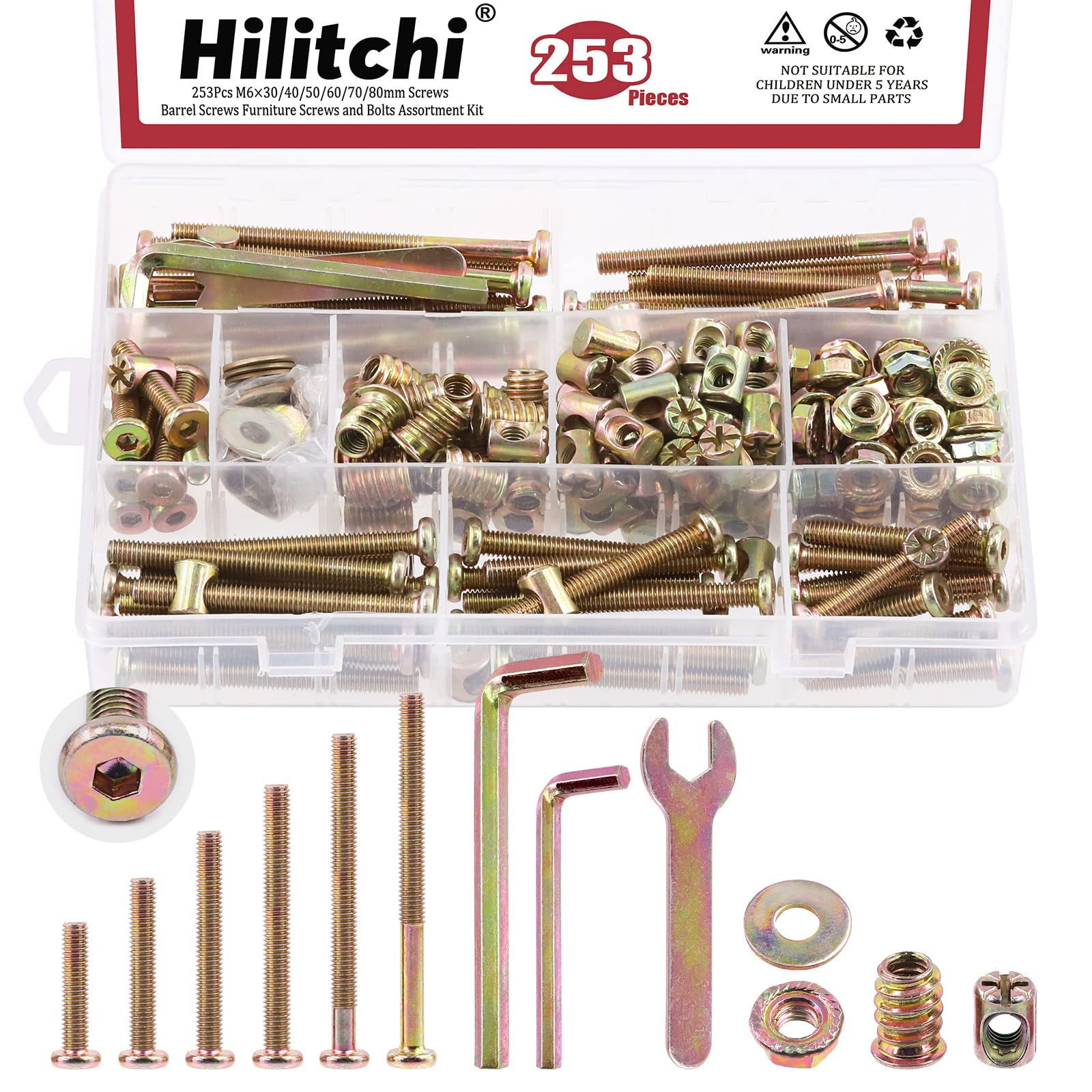 Hilitchi 253PCS M6(30-80mm) Zinc Plated Crib Screws Hardware Assortment Kit, Hex Drive Socket Cap Furniture Barrel Screws Bolt Nuts with A Hex Wrench for Furniture Beds Crib