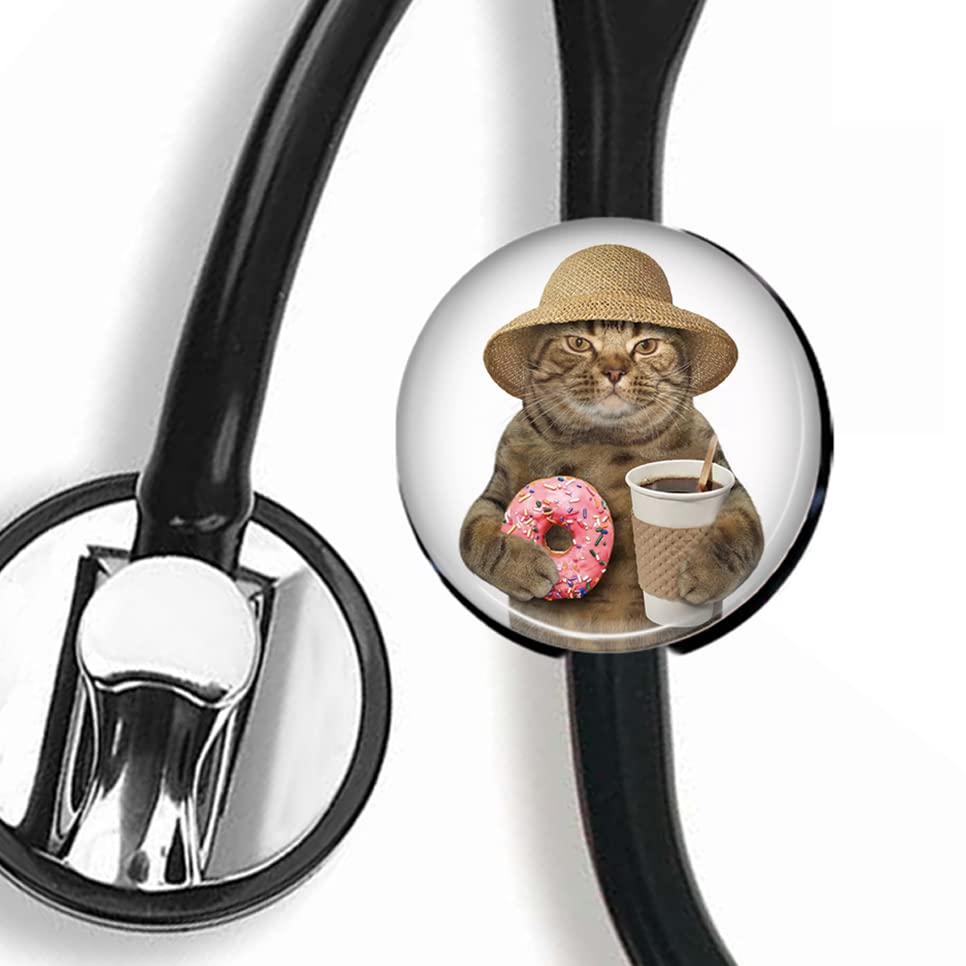 PAUJCXJ Cat Holding Donut and Coffee Stethoscope Tag,Steth ID Tag,Nurse Badge, black