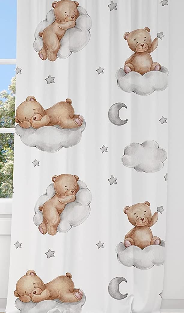 Teddy Bear and Clouds Baby Boy Room Curtain Nursery Curtains Window Curtains (Pair of - 28" x 84")