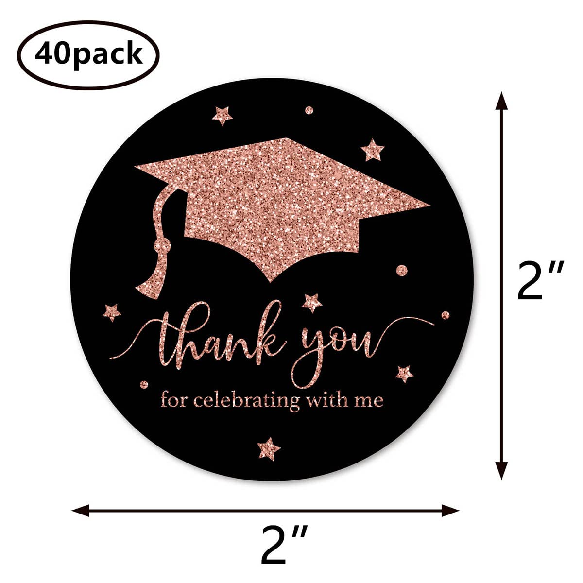 Rose Gold Black Graduation Thank You Stickers, Congrats Grad Party Favor Sticker Labels 40-Pack 2in