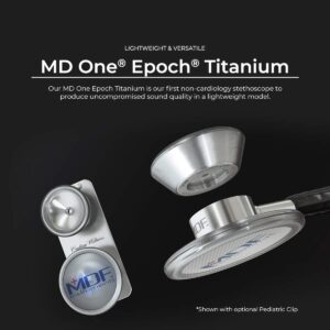 MDF Instruments MD One Epoch Stethoscope, Lightweight Titanium, Adult, Dual Head, Free-Parts-for-Life, Black Tube, Titanium Blue, Capridium Chestpiece-Headset, MDF777TCD11